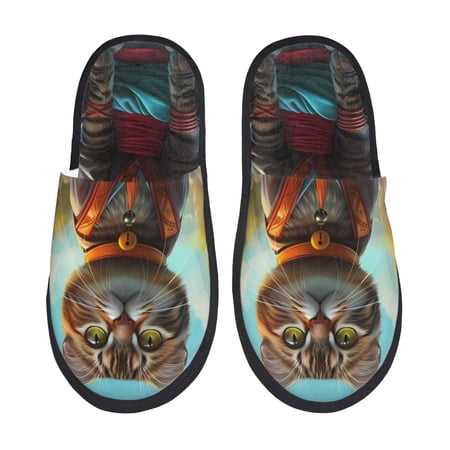 Balery Riverside Meditating Cat Slient Indoor Furry Fleece Comfort House Shoes Soft Non-Slip Home Shoes Cotton slippers House Slippers-- Large