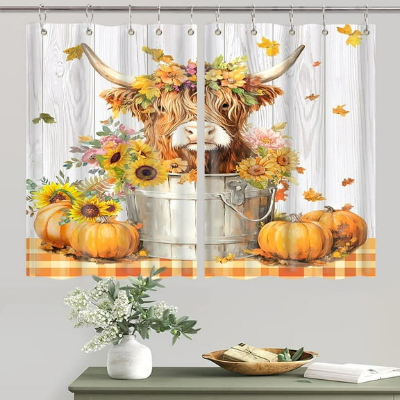 Fall Highland Cow Window Curtains, Funny Autumn Pumpkin Maple Leaves Western Sunflower Wood Farmhouse Orange Buffalo Plaid Curtains, Kitchen Bedroom Window Treatment with Hooks, 55X39inch, 2PC Panels