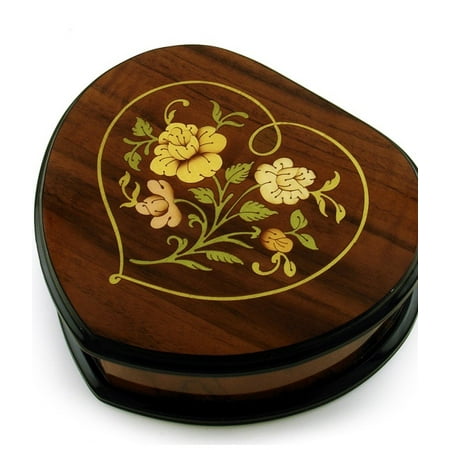 Exclusive 30 Note Wood Tone Heart Shaped Floral Inlay Music Jewelry Box - Minuet