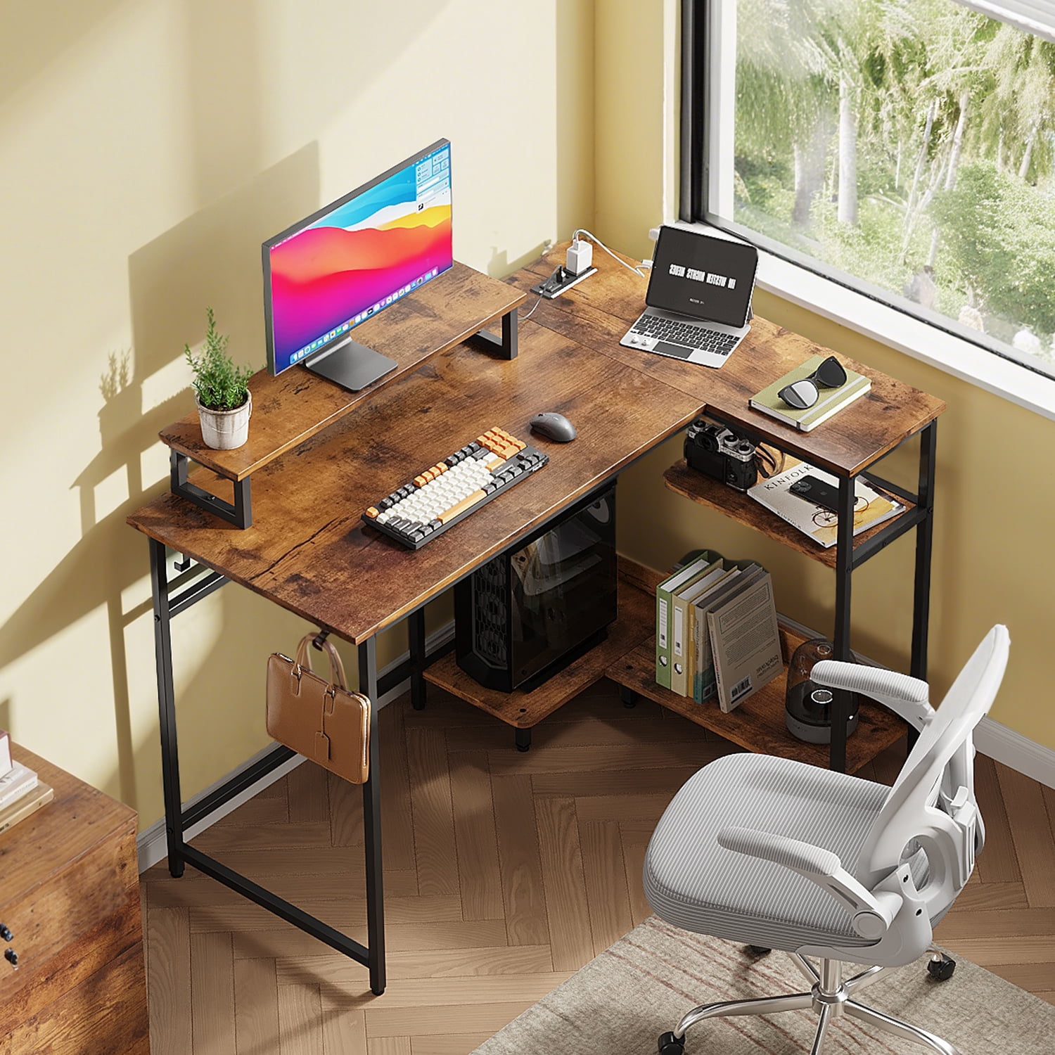GALAXHERO 43 Inch L Shaped Gaming Desk with LED Lights & Power Outlets, Corner Desk for Small Spaces, Sturdy PC Computer Table with Storage for Home Office, Rustic Brown