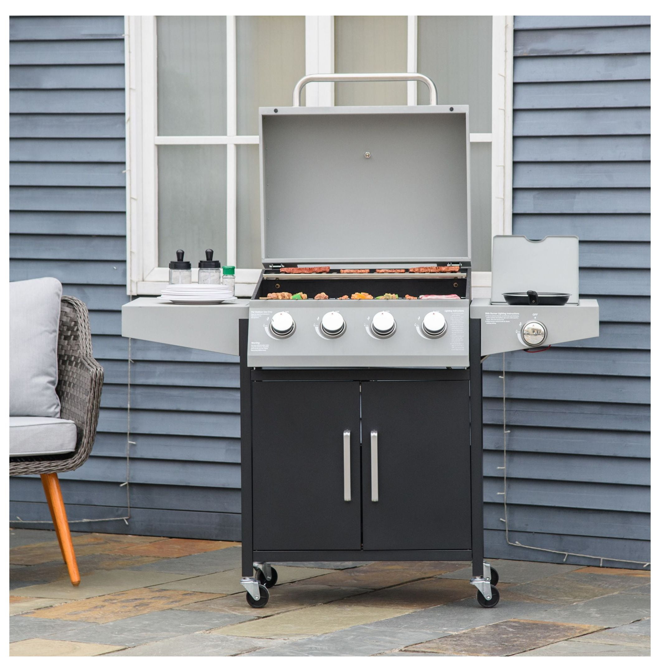 52" Propane Gas Grill 4+1 Burner BBQ, Outdoor Cabinet Grill w/ Side Burner & Wheels, Silver
