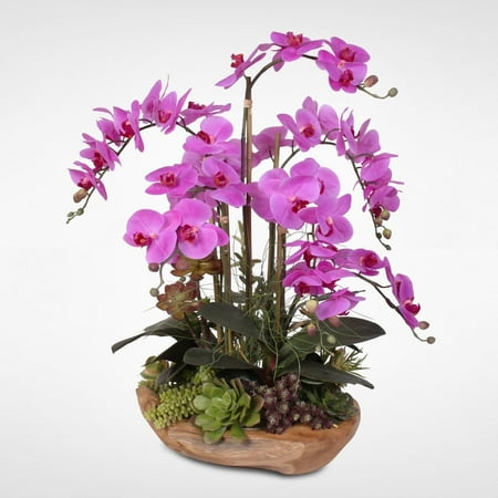 Flax Flower - Purple Silk Orchids With Succulents in Wood Bowl