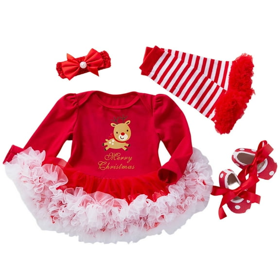 Tisuna Christmas Infant Girls Dress Reindeer Print Long Sleeve Crew Neck Dresses Cute Fashion Autumn Girls Dress With Headband Stockings And Shoes Red Size 0-3 Months