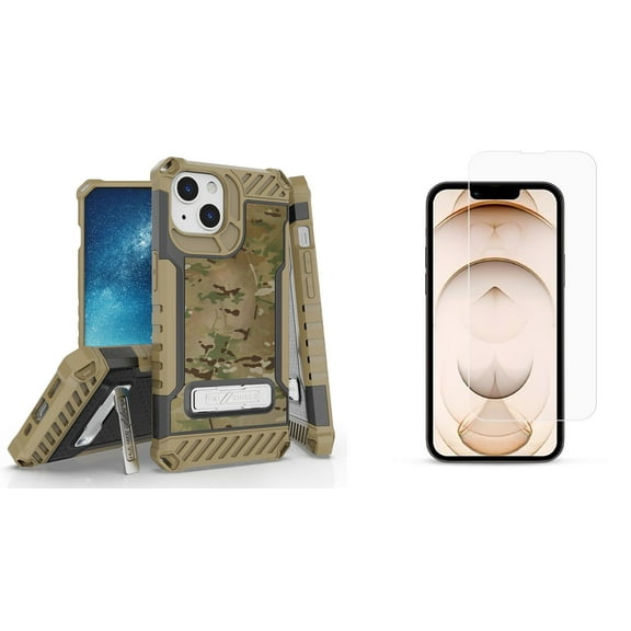 Bemz iPhone 13 Bundle: Tri Shield Shockproof Armor Rugged Case (Brown Soldier Camo), Premium Glass Screen Protectors (2-Pack)