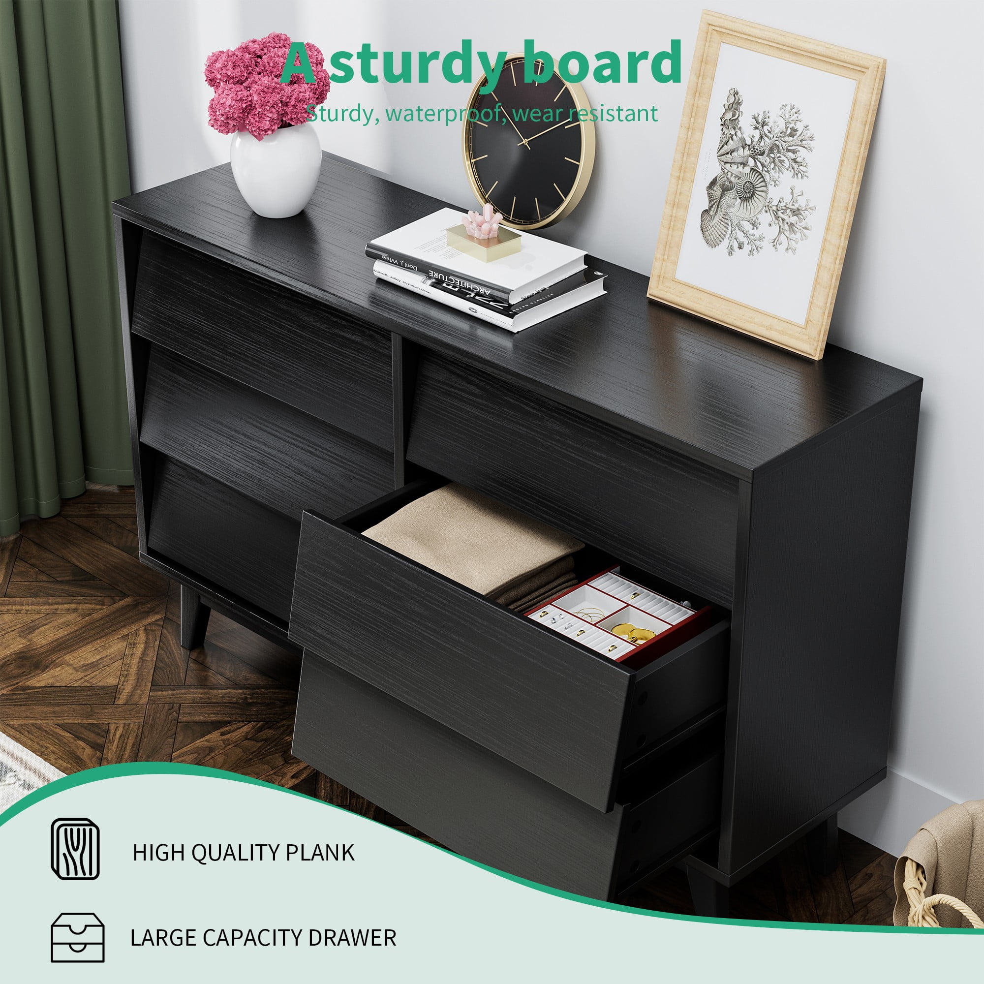 Finihen 6 Drawer Double Dresser Features Vintage-style and Bevel Design, Dresser For Nursery, Kids, Chest Of Drawers, Black Finihen 6 Drawer Double Dresser Features Vintage-style and Bevel Design, Dresser For Nursery, Kids, Chest Of Drawers, Black