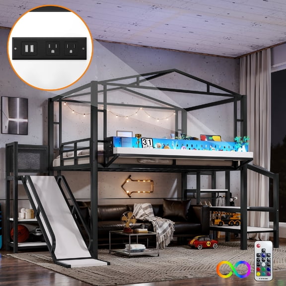 Full Size Loft Bed Frame with Storage Stairs and Shelves, LED Lights Metal Loft Bed with Built-in Wardrobe and USB Ports for Bedroom, Apartment, Mattress not included,No Box Spring Required, Black