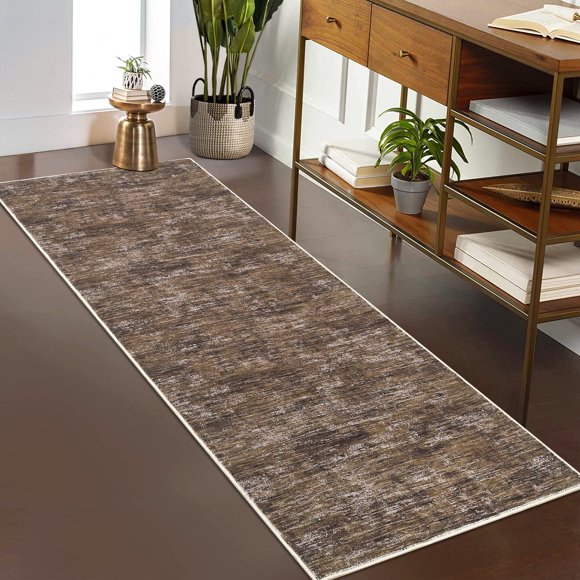 Nanan 2'x6' Machine Washable Runner Rug, Minimalist Textured Non-Slip Low-Pile Stain Resistant Floor Carpet for Hallway Kitchen Entryway,Brown