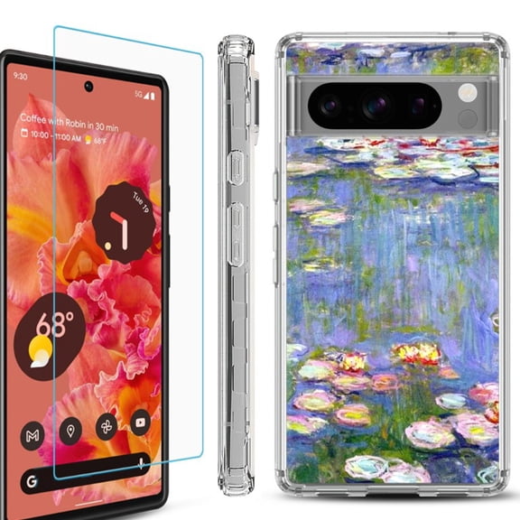 OneToughShield ® Compatible with Google Pixel 8 Pro, Shockproof Phone Case, with Tempered Glass Screen Protector - Water Lilies