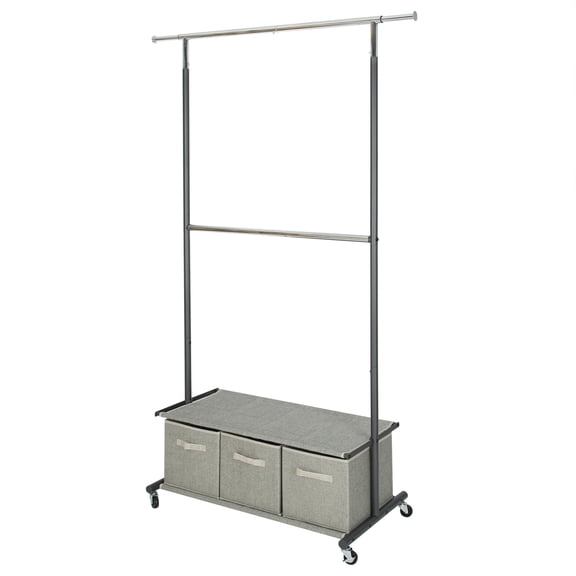 Better Homes & Gardens 2-Tier Metal Rolling Garment Rack with 3 Drawer Closet Organizer, Gray