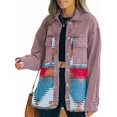 thumbnail image 2 of Women'S Loose Lapel Long-Sleeved Denim Patchwork Jacket Retro Raw Edge Mid-Length Jacket Brick Red L, 2 of 6