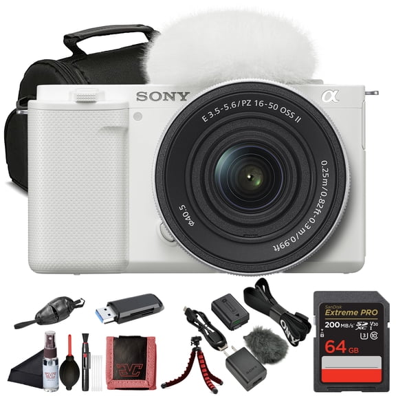 Sony ZV-E10 Mirrorless Camera with 16-50mm Power Zoom Lens (ILCZV-E10L), White, 24.2MP, 4K Video, 64GB Card and Bag