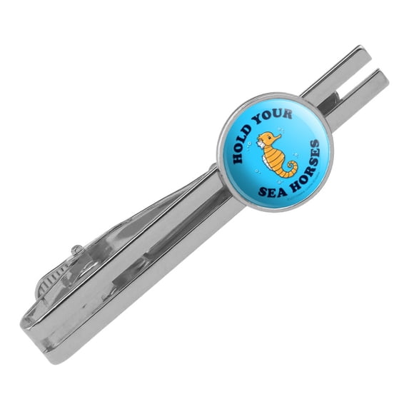 Hold Your Sea Horses Funny Humor Round Tie Bar Clip Clasp Tack Silver Color Plated