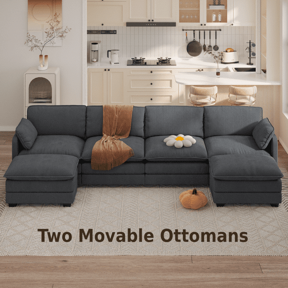 Lofka 6 Seater U Shaped Sectional Sofa, 146" Dark Gray Cloud Modular Couch with Movable Ottomans, Double Layer Cushion, Washable Covers, 440lbs Per Seat