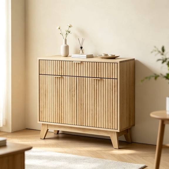 Fluted Sideboard Buffet Storage Cabinet with Adjustable Internal Shelf and Drawer, Indoor Accent Furniture for Dining Room Kitchen Living Room Entryway