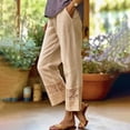 thumbnail image 2 of Women Casual Lightweight Elastic Waist Pants with Pockets Cotton Linen Cropped Pants Loose Solid Color Trousers by Yigetop Khaki 3XL, 2 of 5
