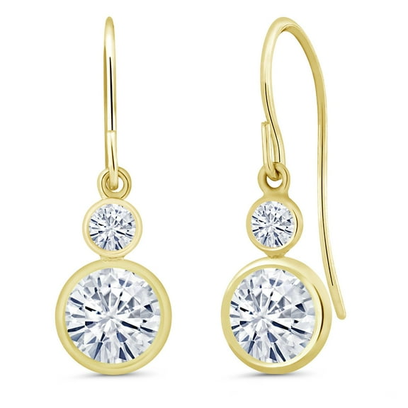 Gem Stone King 14K Yellow Gold White Moissanite Drop Dangle Earrings for Women (1.80 Cttw, Gemstone Birthstone, Round 6MM and 3MM)