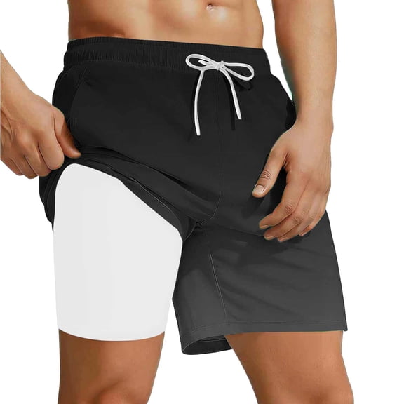 Mens Swim Shorts with Compression Liner Gradient Printed Swimming Trunks Elastic Waist Sports Board Shorts Holiday Beach Pools Surfing Boardshorts Summer Quick Dry Loose Short Pants Swimwear