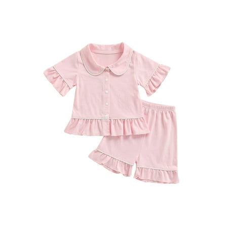 

Kids Baby Girl Summer 2 Pcs Ruffled Pajamas Set Short Sleeve Doll Collar Shirt Top Elastic High Waist Short