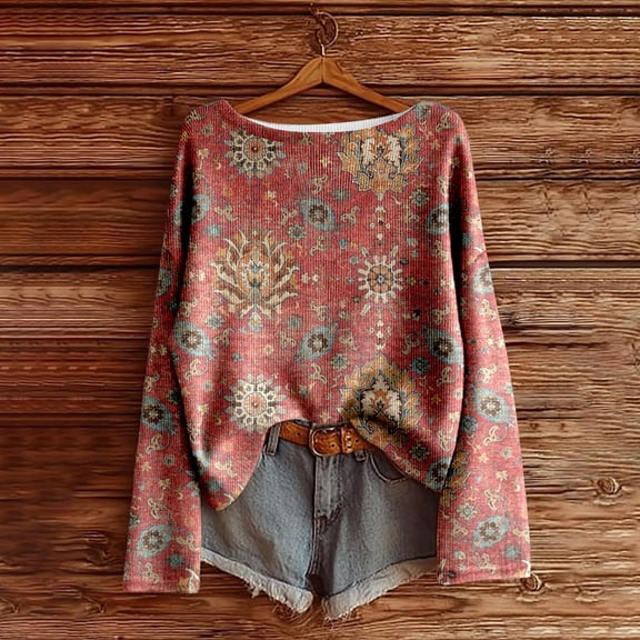 Tshirts for Women Women's Print Long Sleeve Loose Fit Soft Brushed Casual Tee for Daily Red L