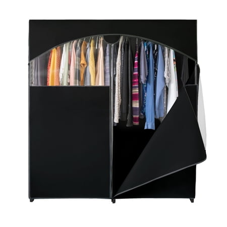 Condition photo showing As Is for holdn  storage portable wardrobe closet with heavy duty metal rod 65 lb capacity zipper clear window and canvas cover for clothes storage  black