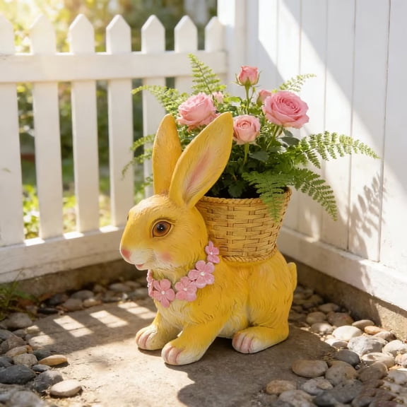 Resin Bunny Planter Simulated Rabbit Figurines with a Flower Basket on Back Cute Animal Sculpture Succulent Planter Flower Pots for Home Garden Small Plants