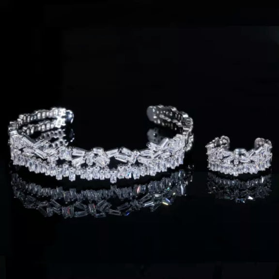 Baguette Amerian Crystal CZ Women Rose Gold Plated Cuff Ring Bangle Jewelry Set