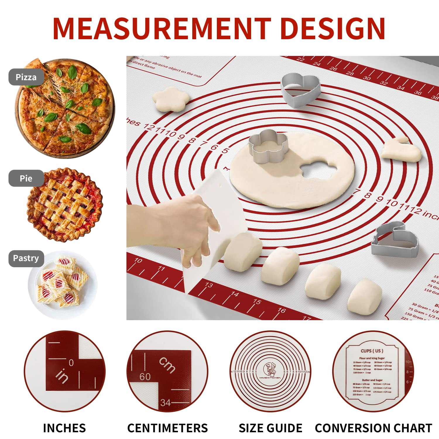 Silicone Dough Rolling Mat, Non Stick Pastry Sheet for Baking Fondant Pie Crust, Non-Slip Countertop Oven Liner with Measurements, Perfect for Cookies Macarons Bread, Extra Large, Red