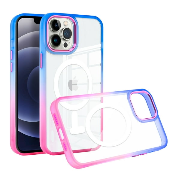 For Apple iPhone 14 Pro (6.1") Transparent Two Tone Gradient Colorful Frame Hybrid Compatible with MagSafe Charging Cover ,Xpm Phone Case [ Blue/ Hot Pink ]