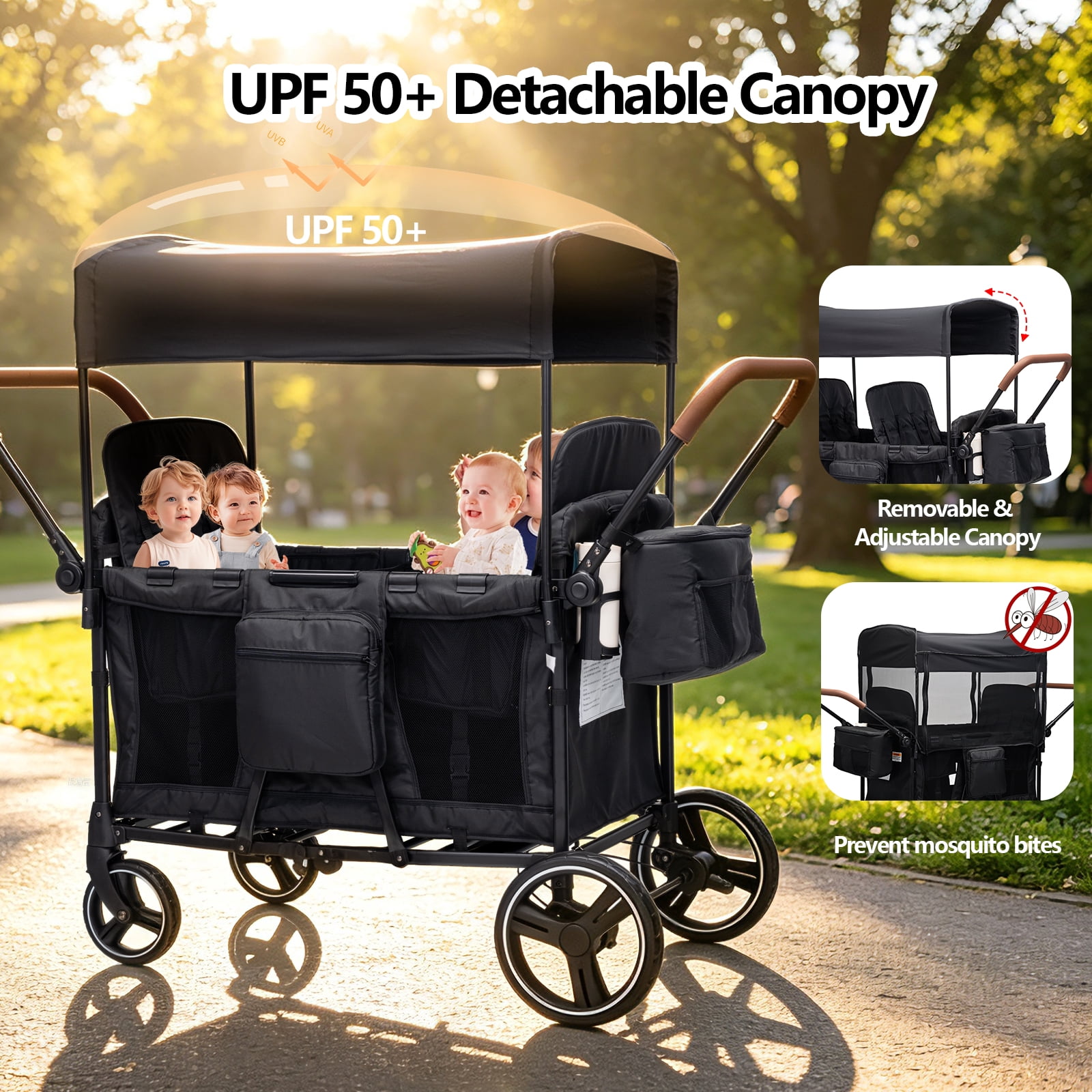 Stroller Wagon for 4 Kids, Premium High-Leg 4-Seater Push Pull Wagon with 2 Removable Seats, 5-Point Harnesses, Adjustable Canopy, Mosquito Net,Snack Tray, Storage, Easy Fold for Travel Camping