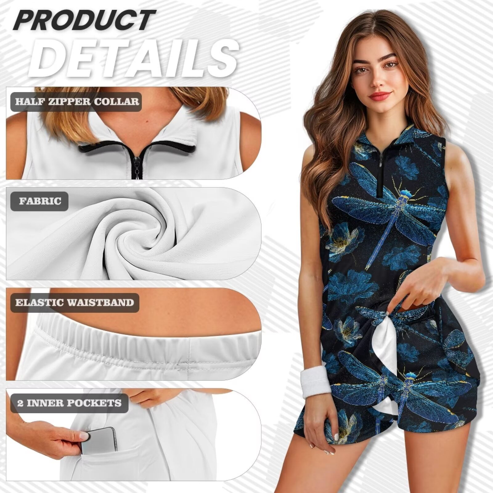 Yuyamidu Blue Dragonfly Womens Golf Dresses with Inner Shorts Tennis Dress for Women Sleeveless Moisture Wicking Workout Dress Size 2XL Elegant 2 Piece Sports Wear