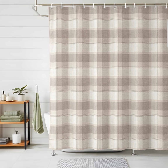 Beige Checked Shower Curtains for Bathroom, Farmhouse Gingham Buffalo Plaid Waterproof Fabric Shower Curtain, Decorative Bathroom Curtain for Bathtub, 36"x72", No Hooks Included