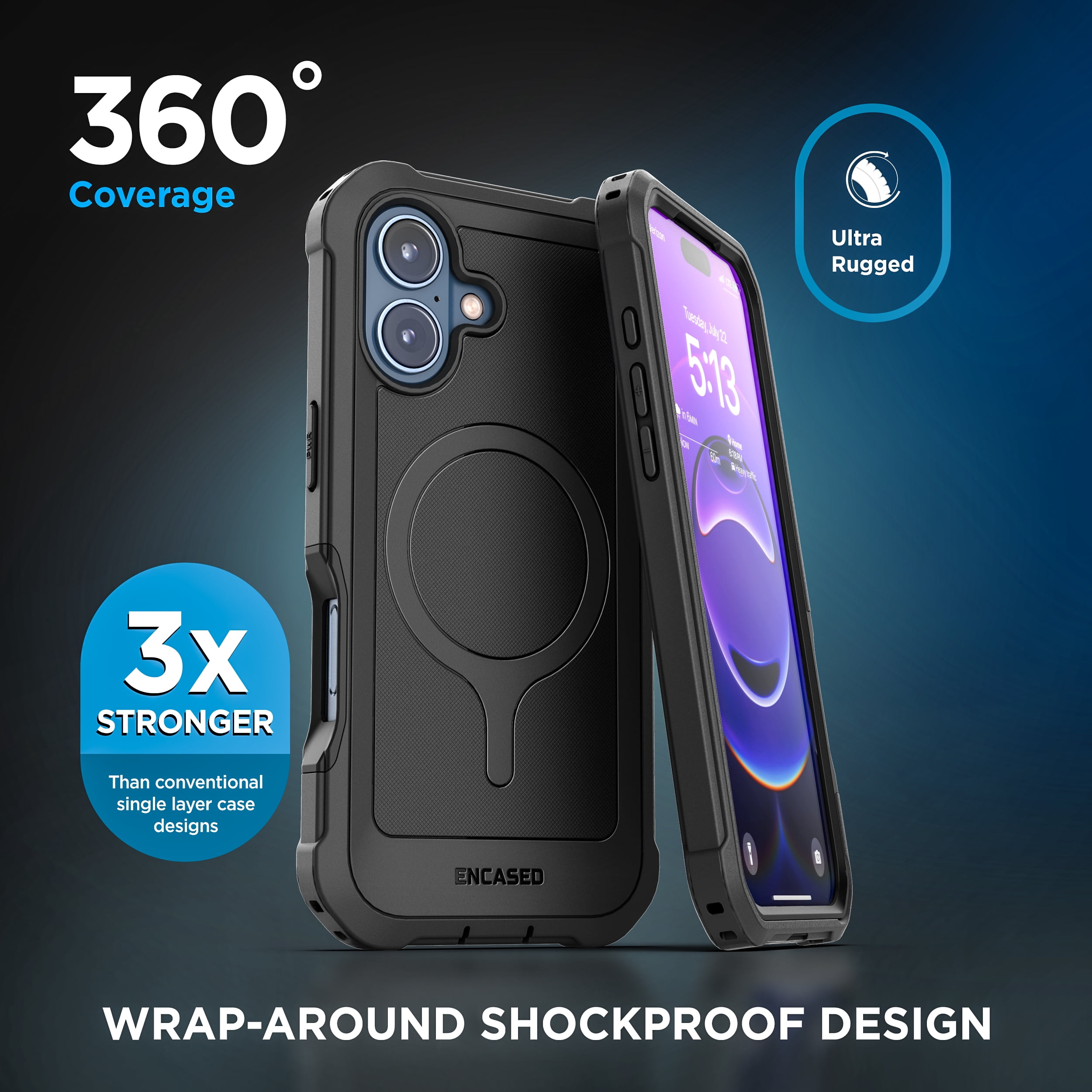 Encased for iPhone 17 Case with Belt Clip (Falcon Series) Full-Body Case with Built-in Screen Protector and Phone Holster (Compatible with MagSafe) Black