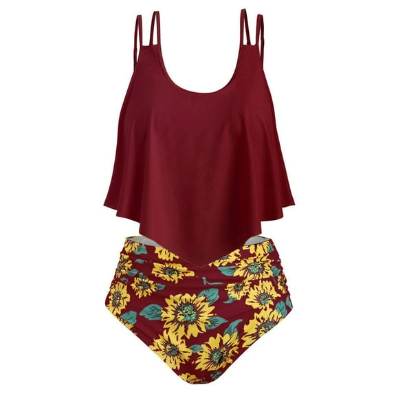 Tejiojio Clearance Sale Women's Swimsuit Womens Swimwear Tankini Tops Ladies' Funny High Breast Contrast Sunflower Print Split Bikini Set Two Piece Swimsuit Sets