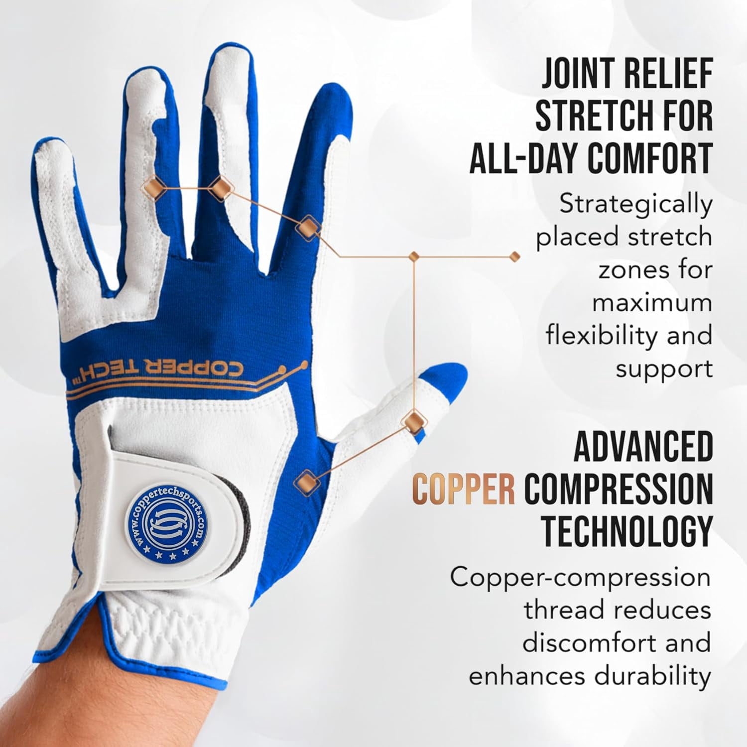 Copper Tech Golf Gloves Men (2 Pack)| Copper Compression Joint Support | Flexible & Comfortable Fit with AAA Leather (White/Royal Blue, X-Large, Left)