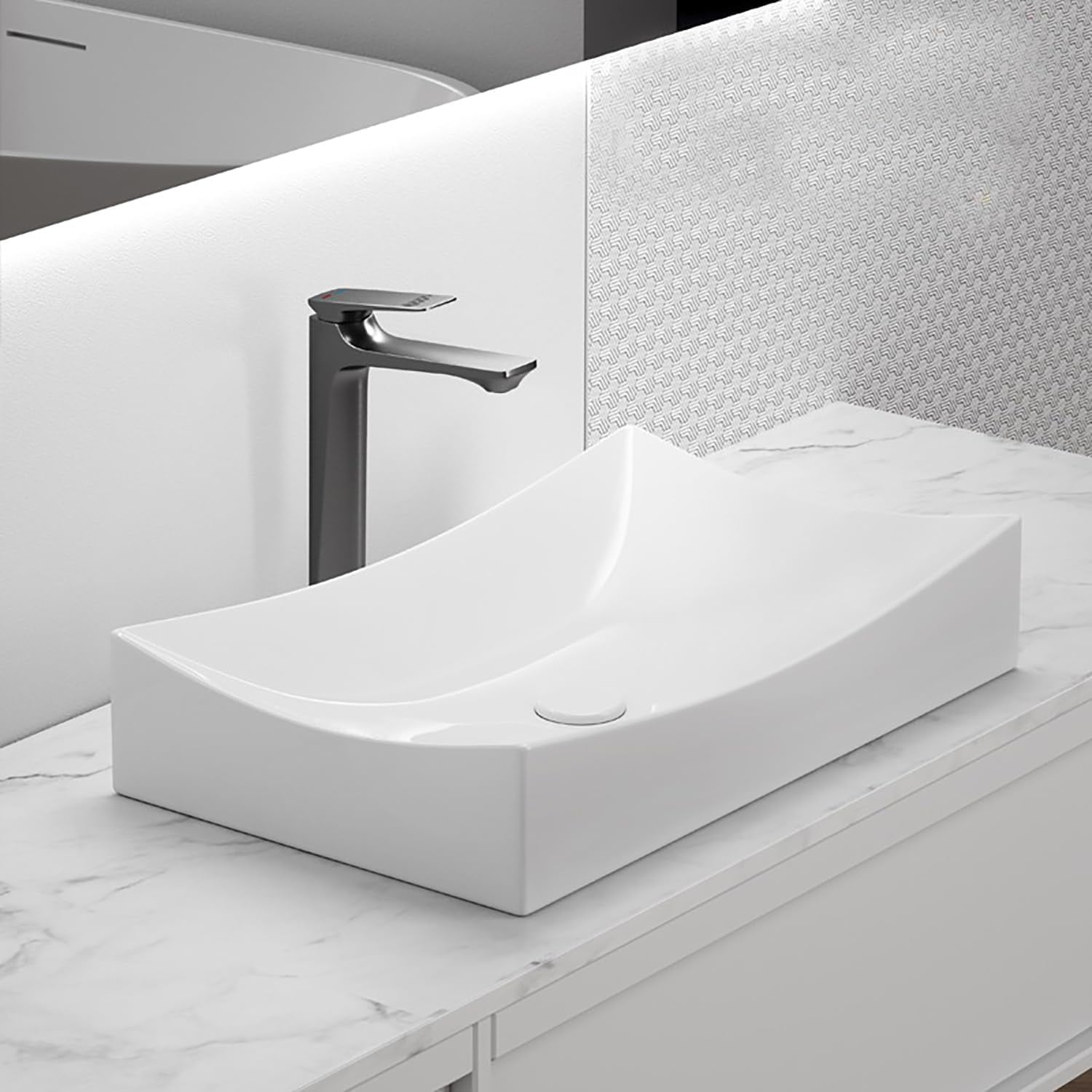 WinZo Small Rectangle Bathroom Sink Above Counter Square Basin Bowl Countertop Vessel 20"x15" Inches Modern Contemporary Porcelain Ceramic Wash Lavatory