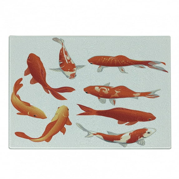 Koi Fish Cutting Board, Koi Fish Band Chinese Fortune and Power Tranquility Image, Decorative Tempered Glass Cutting and Serving Board, Small Size, Orange White, by Ambesonne