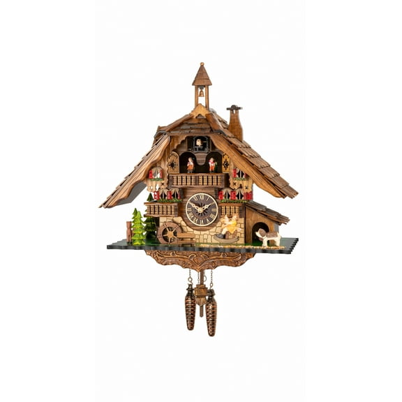 Quartz Cuckoo Clock Black forest house with music, moving seesaw and mill wheel