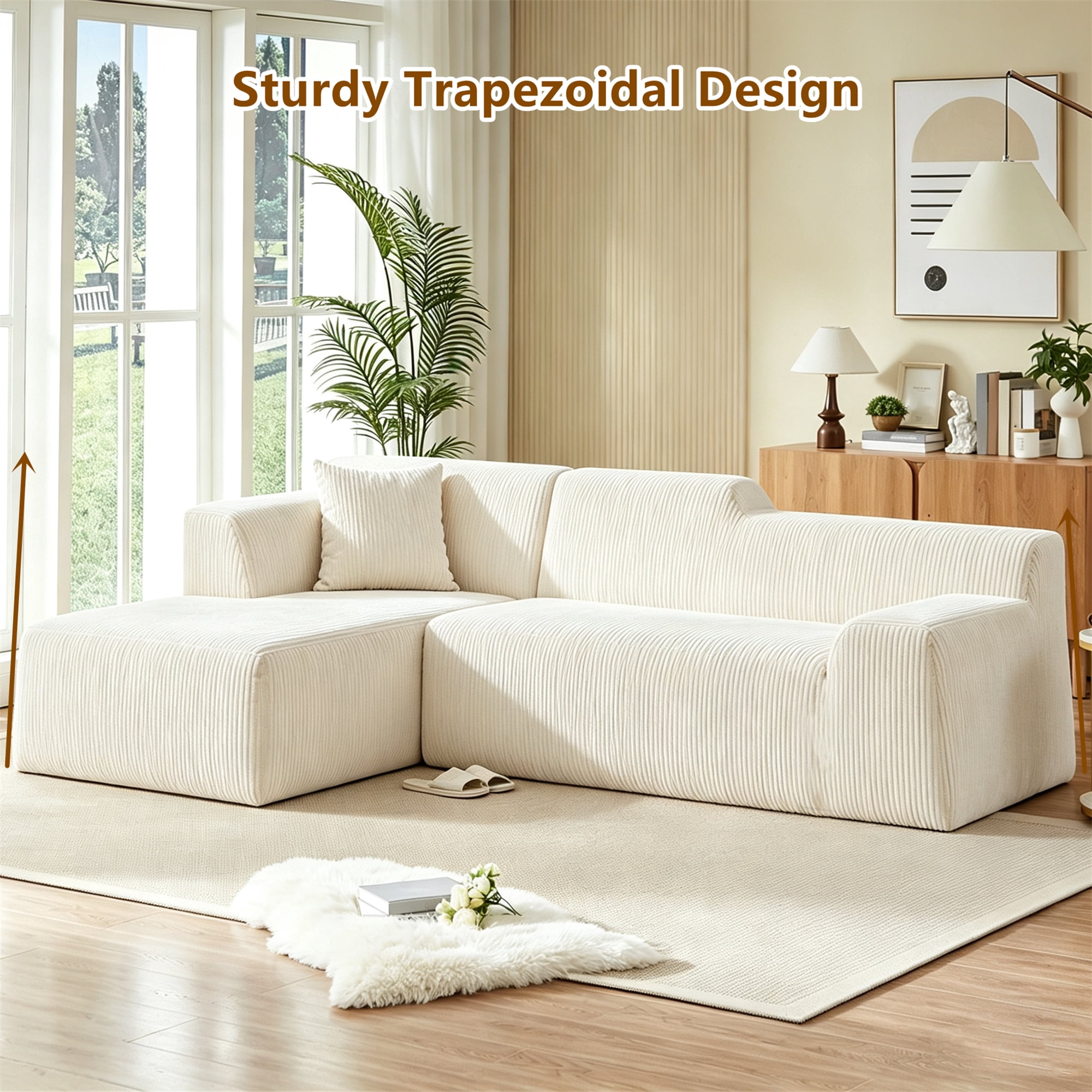 Aukfa 97" Cloud Sectional Sofa Tight Back Boneless Couch Modular L-Shaped Couch, Left Chaise Corduroy Sofa for Living Room, Beige