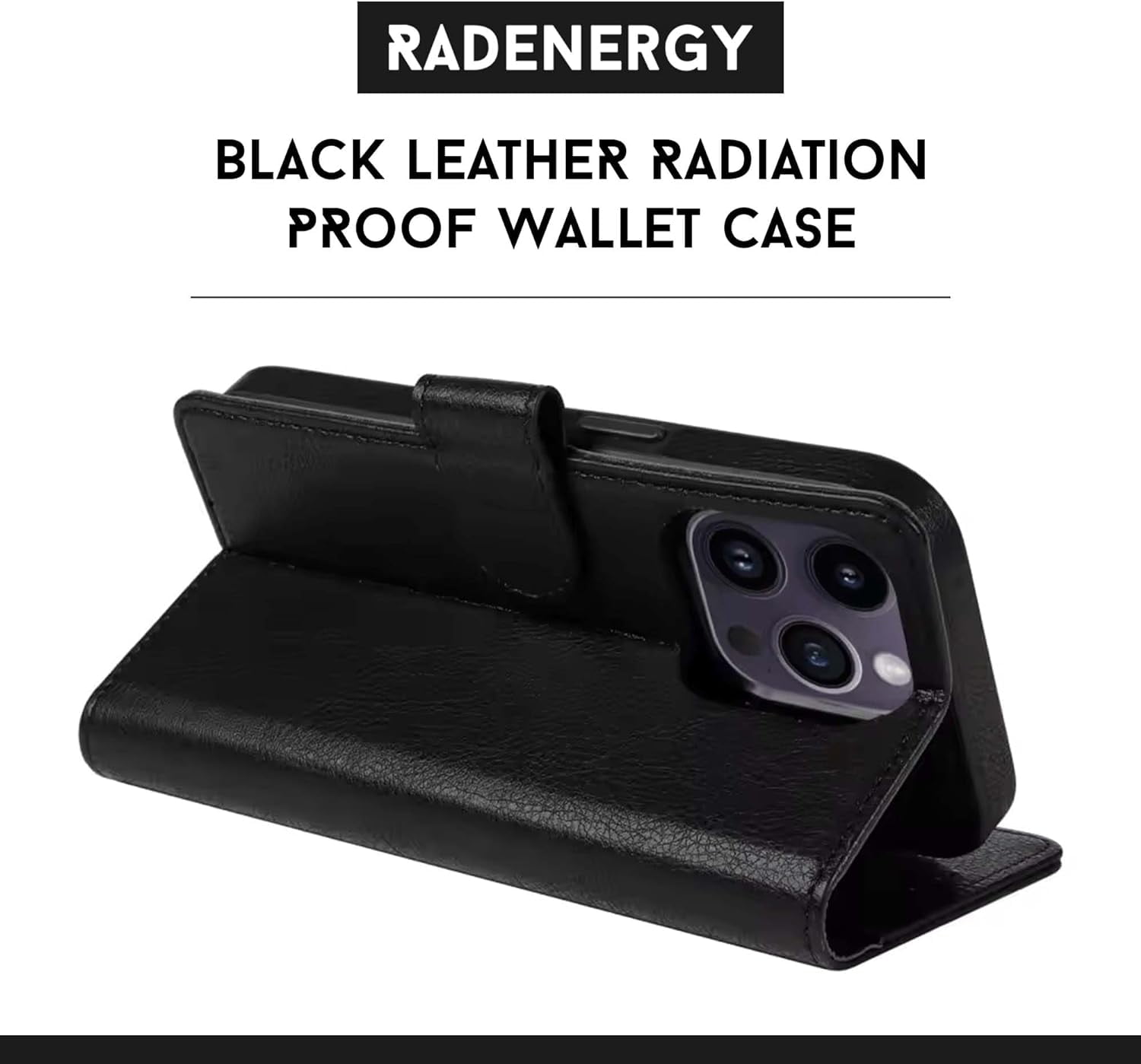 RadEnergy EMF Protection Leather Wallet Folio Case with Card Holder & Stand for iPhone 15 Pro, Black