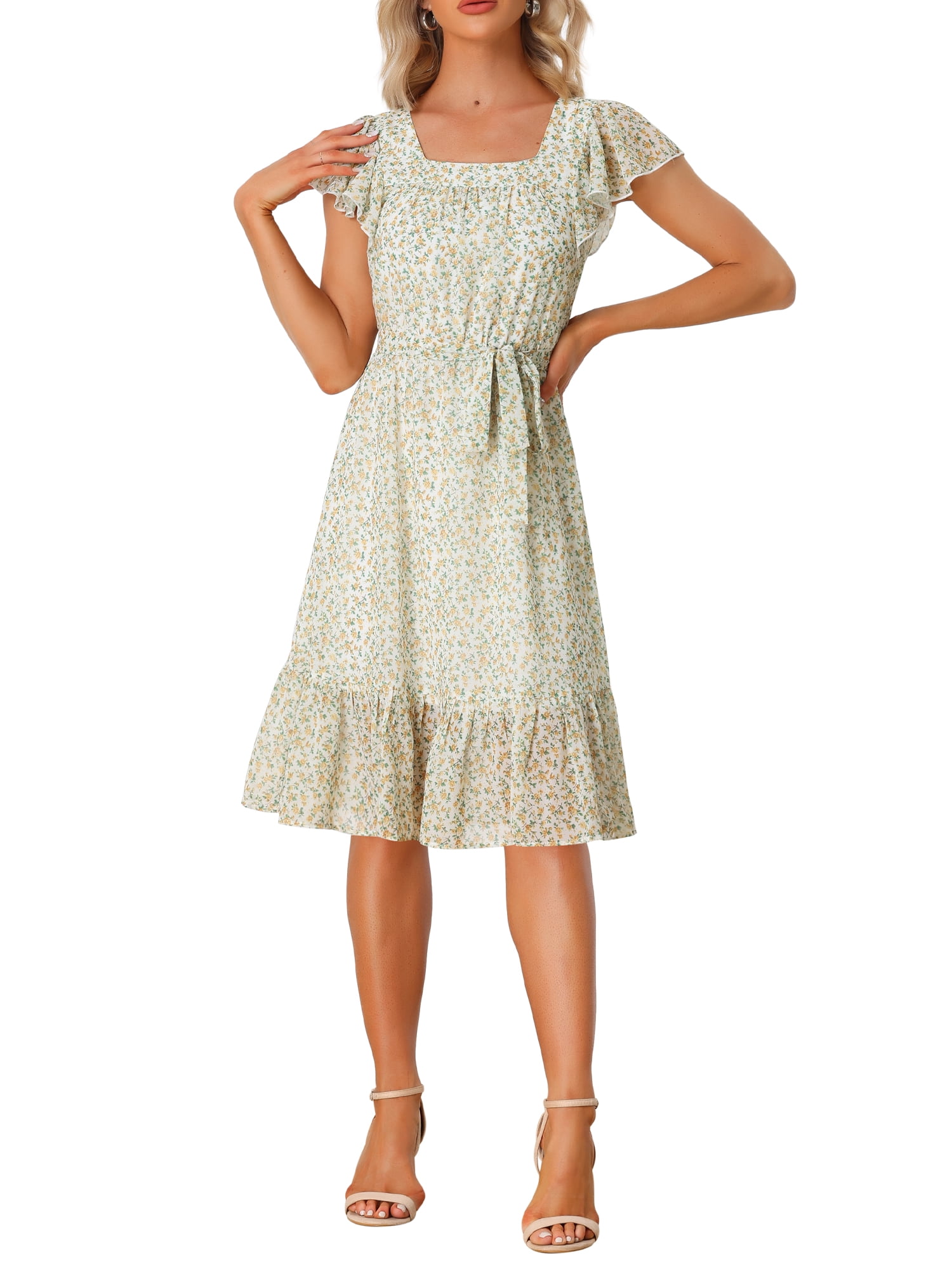 DARING DIVA Square Neck Flutter Sleeve A-Line Midi Dress M White Yellow