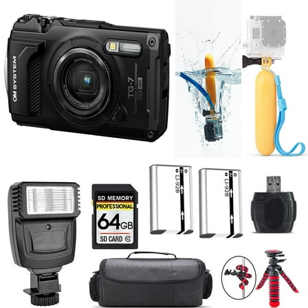 Olympus OM SYSTEM Tough TG-7 Digital Camera (Black)   Floating Hand Grip    Extra Battery   Flash - 64GB Kit