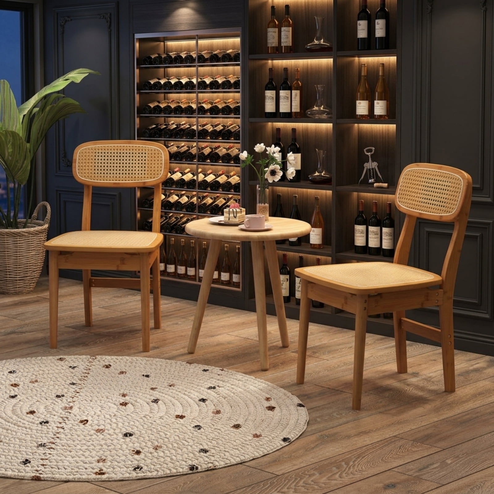 Furnibear Rattan Dining Chairs Set of 2 with Hollow Out Backrest and Wooden Legs Natural