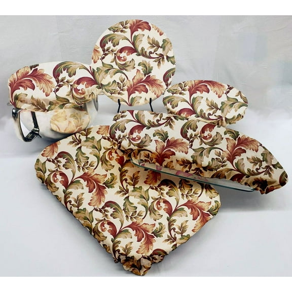 Autumn Fall Floral Leaves Reusable Fabric Bowl and Casserole Pan Covers by Penny's Needful Things (5 Cover Set)