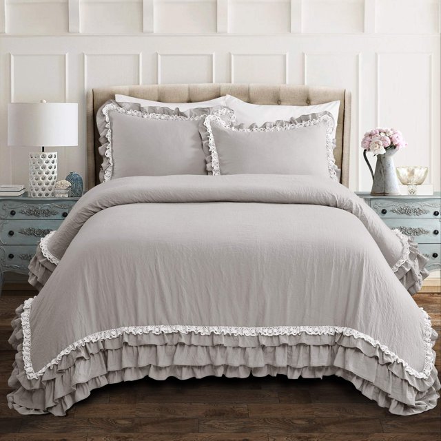 Lush Decor Ella Shabby Chic Ruffle Lace Juego de cobertor de 3 Piezas, King, Gris Claro
