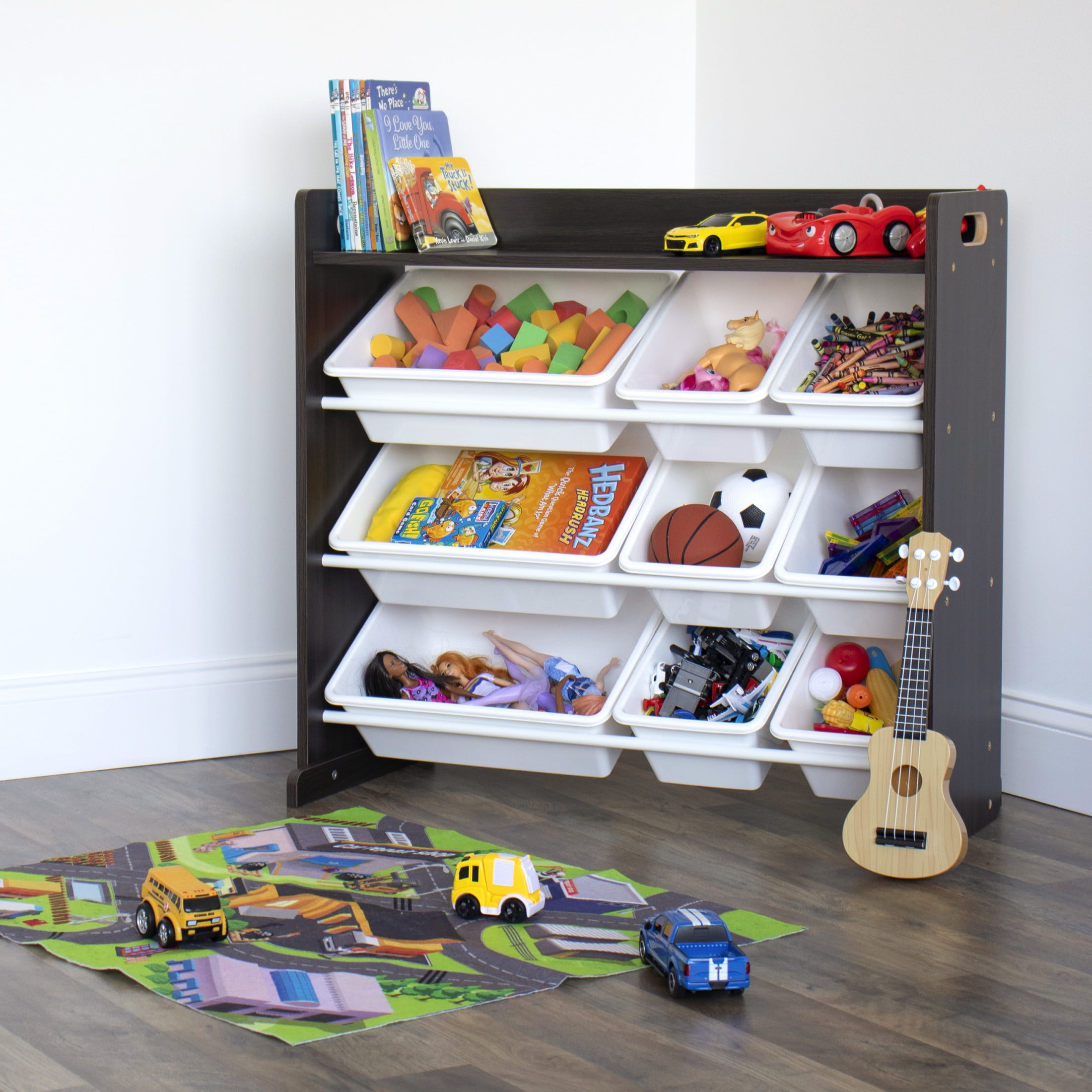 Humble Crew Kids Toy Storage Organizer with Shelf and 9 Plastic Storage Bins, Espresso/White