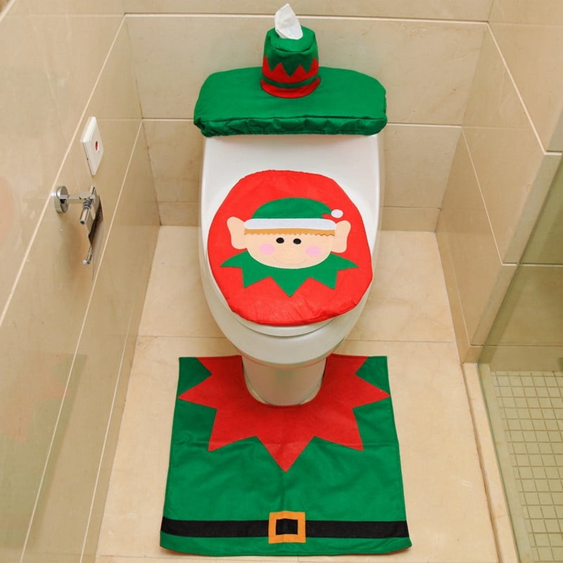 Christmas Elf Toilet Seat Tank Cover and Rug Set Floor Mat Tissue Box Bathroom Decoration 