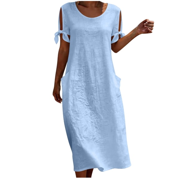 Kukoosong Women's Round Neck Cold Shoulder Tie Sleeve Midi Dress, Loose Fit Casual Dress with Pockets, Summer Cotton Linen Dress for Women