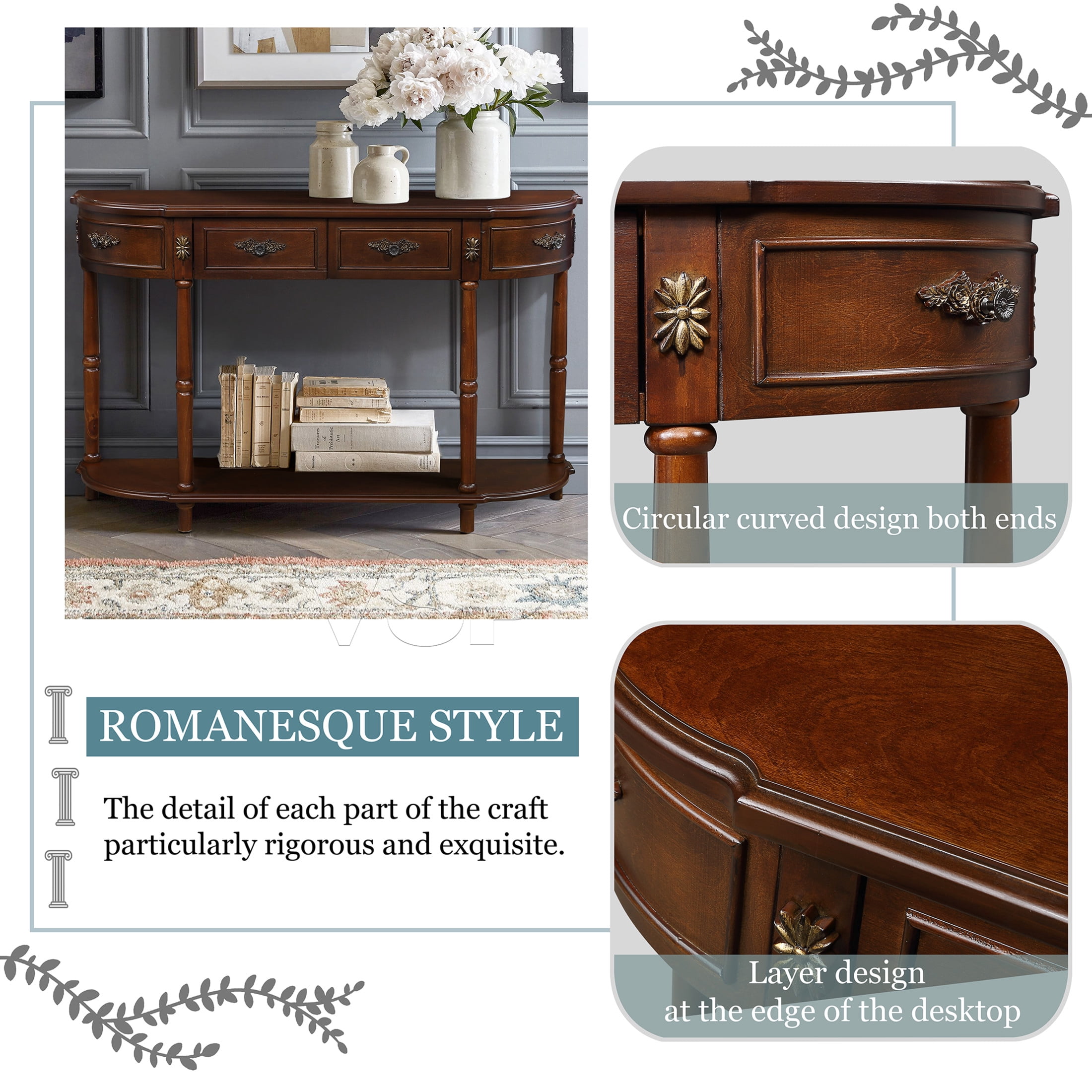 Noble House Luna 52" Mid-Century Fluted Console Table, MDF Top with Pine Wood Frame and 3 Storage Drawers, Cherry