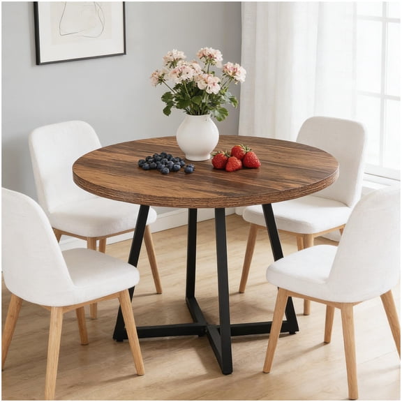 Industrial Style Round Dining Table for Small Spaces, Black and Brown Kitchen Table, Sturdy Metal Base, Multi-Purpose Home Desk