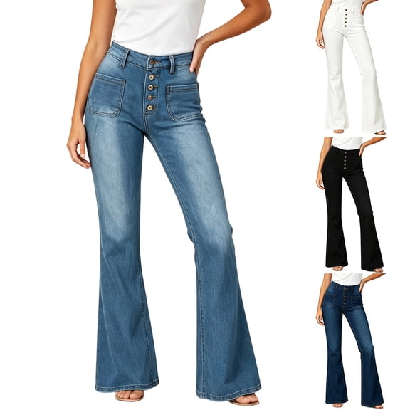 Tqcoqu Women's High Waist Flare Jeans,5 Button Fly Front Patch Pockets Vintage Washed Denim Bootcut Pants,Black Women's XXS-XXXL
